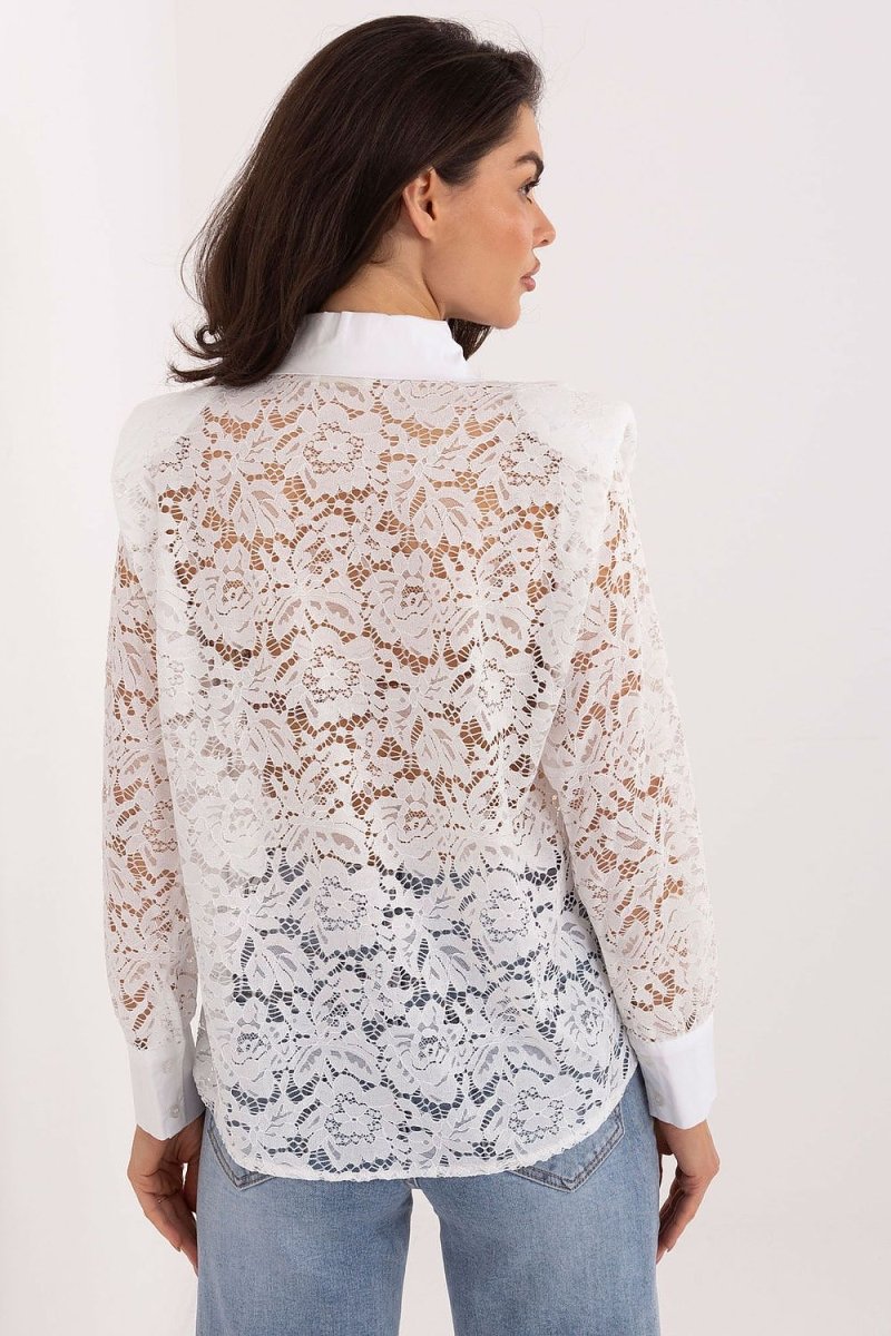 Lace Long Sleeve Shirt with Collar - 