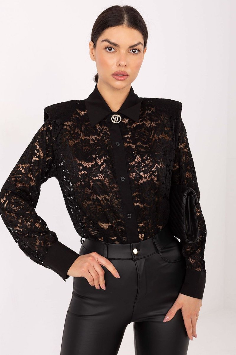 Lace Long Sleeve Shirt with Collar - 