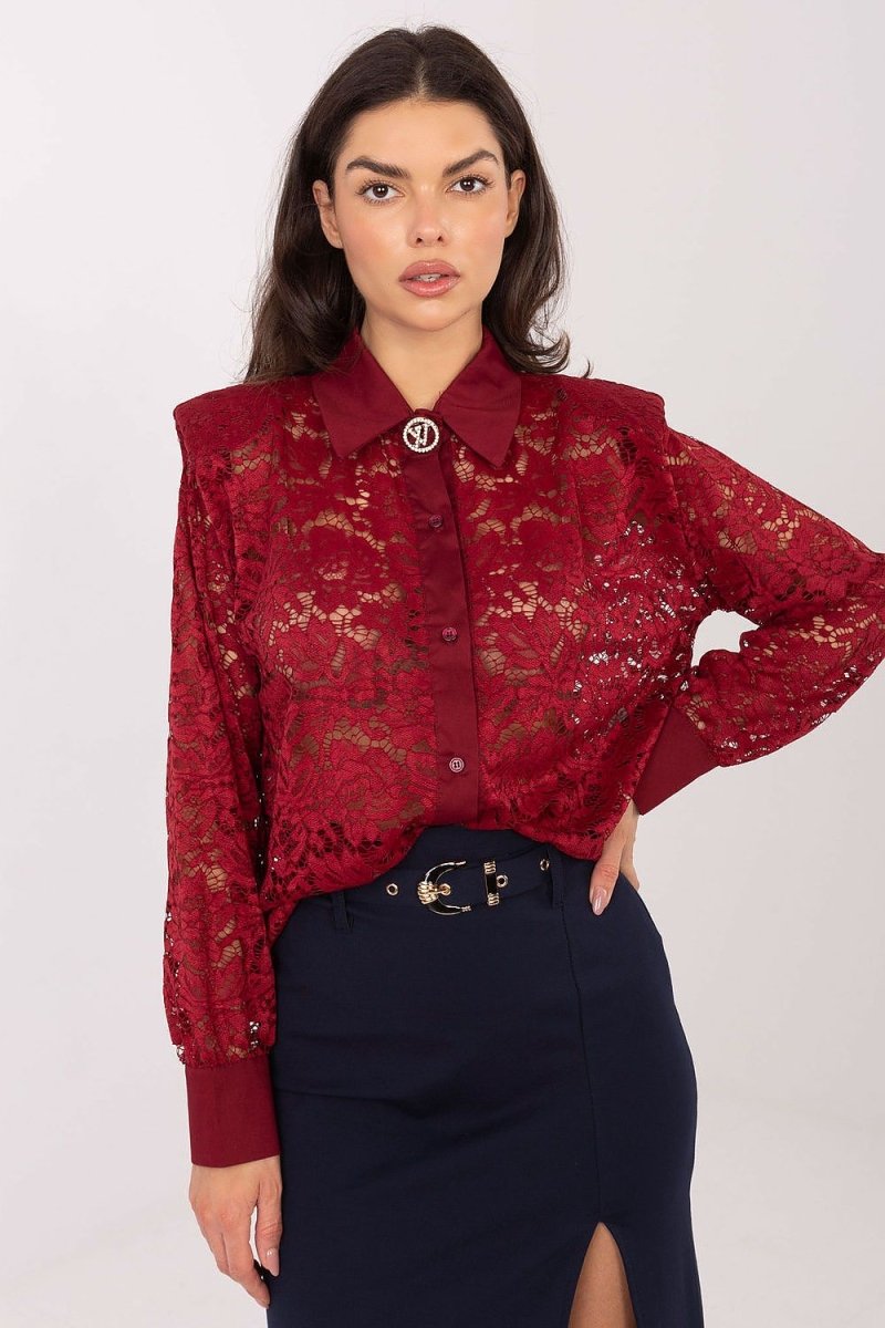 Lace Long Sleeve Shirt with Collar - 