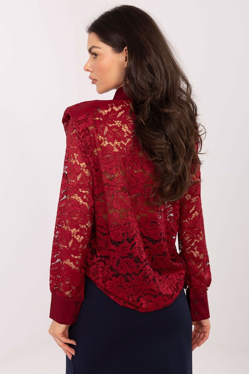 Lace Long Sleeve Shirt with Collar - 