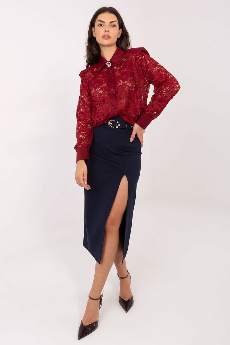 Lace Long Sleeve Shirt with Collar - 