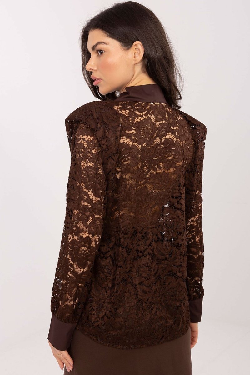 Lace Long Sleeve Shirt with Collar - 