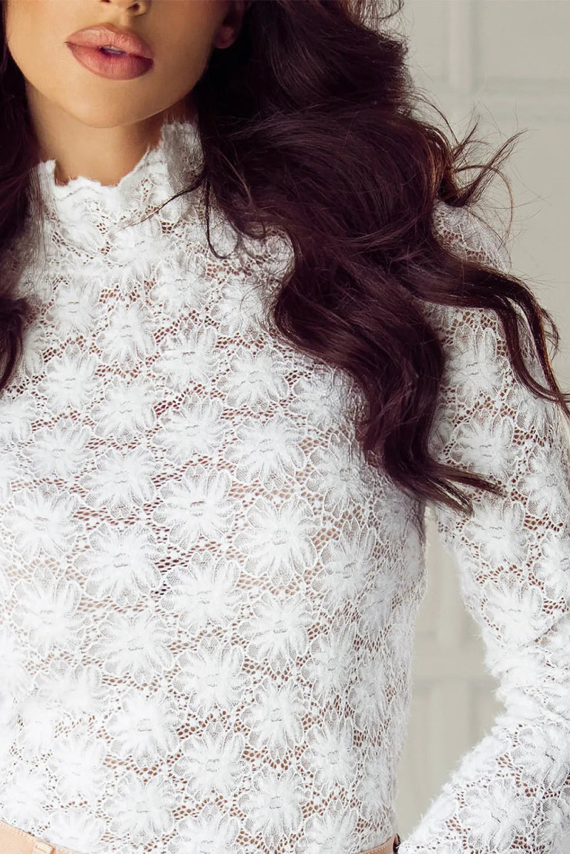 Lace Mock Neck Long Sleeve Top - Top
