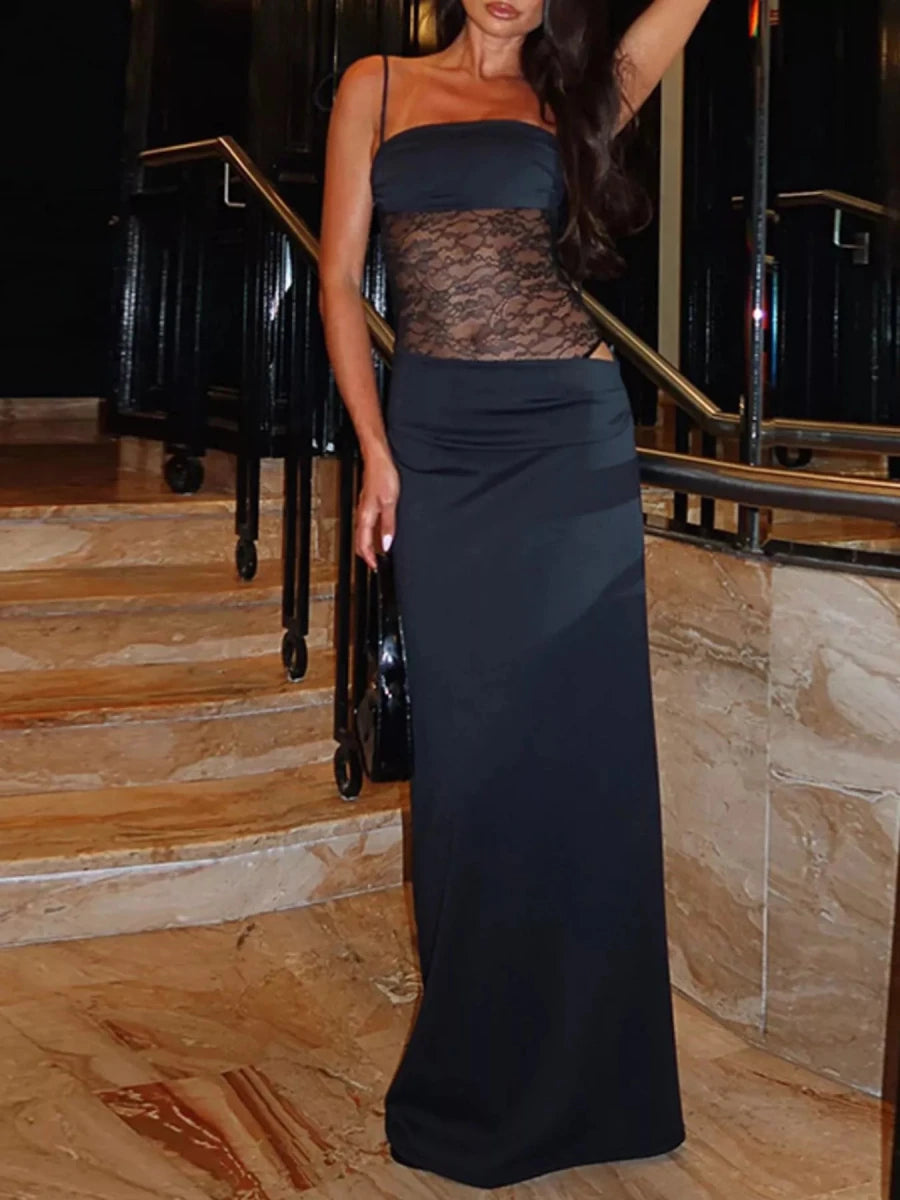 Lace Panel Ruched Bodycon Maxi Dress - 