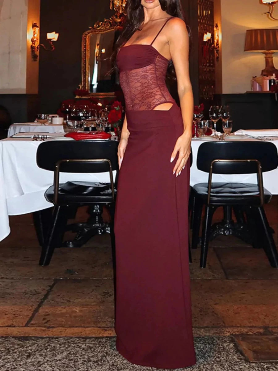 Lace Panel Ruched Bodycon Maxi Dress - 