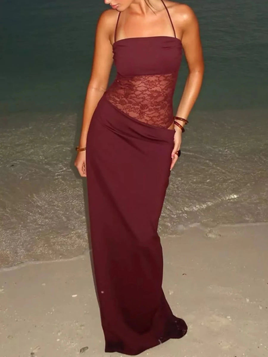 Lace Panel Ruched Bodycon Maxi Dress - 