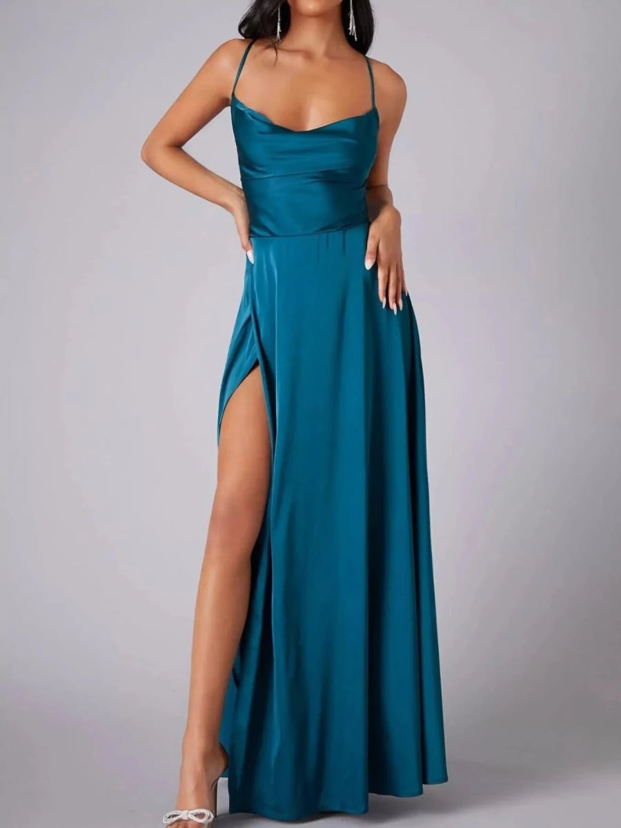 Lace Up Back Split Maxi Dress - 