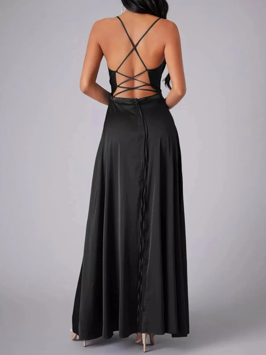 Lace Up Back Split Maxi Dress - 