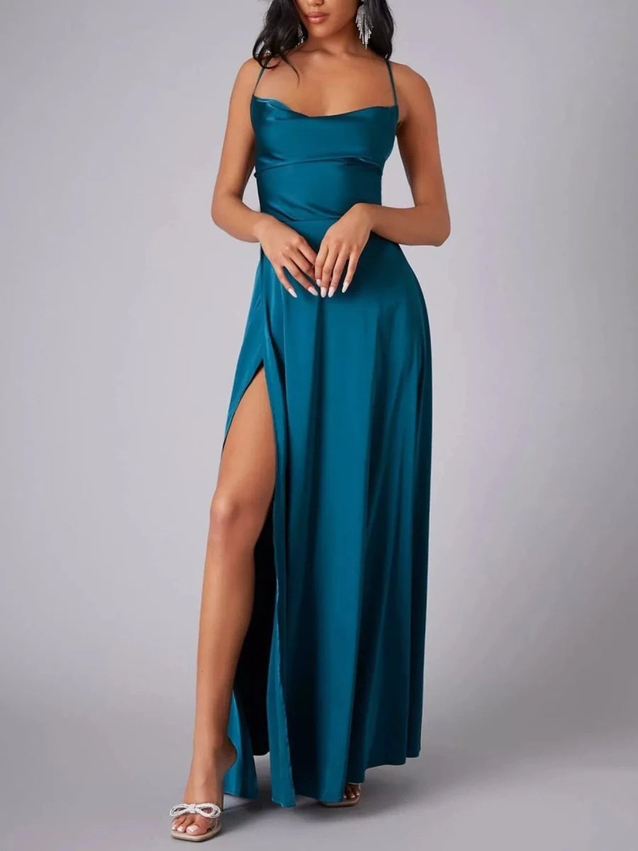 Lace Up Back Split Maxi Dress - 