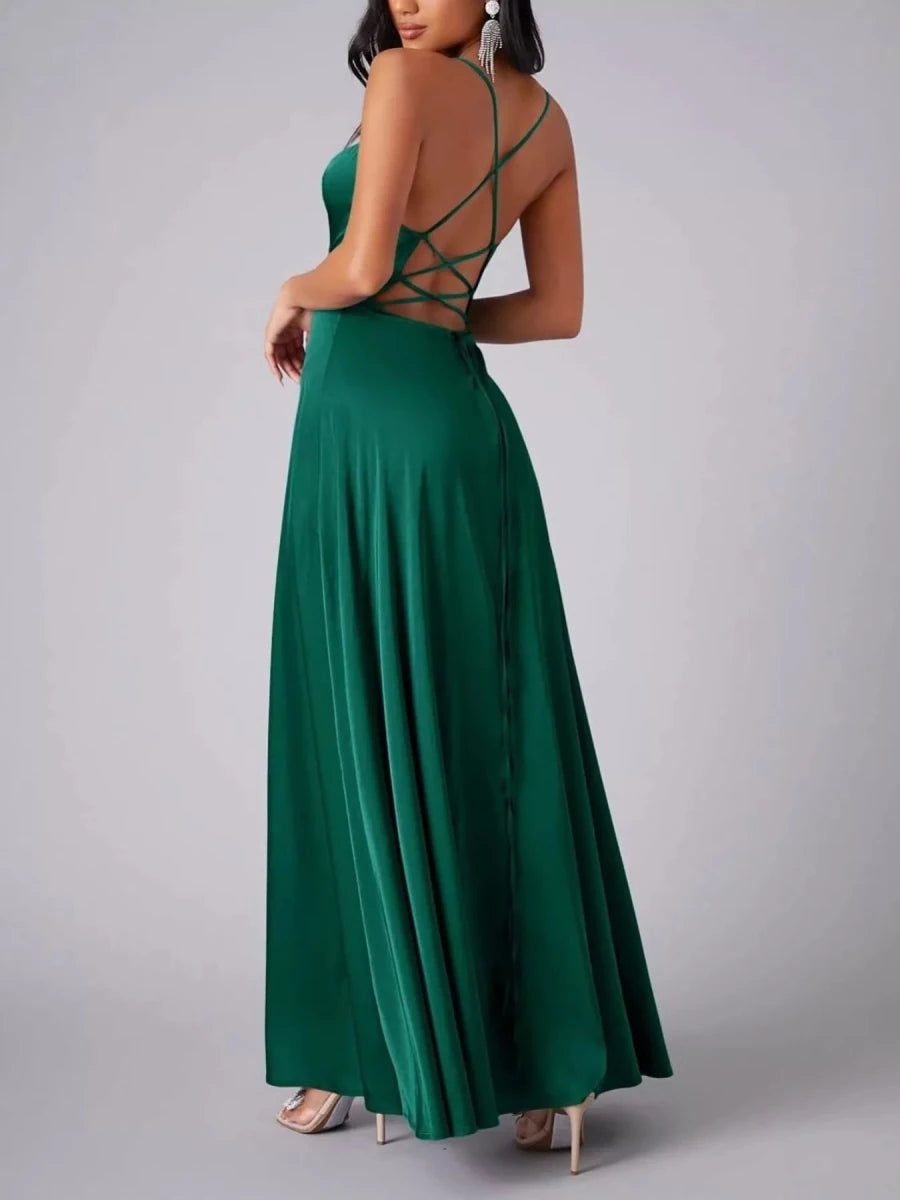 Lace Up Back Split Maxi Dress - 