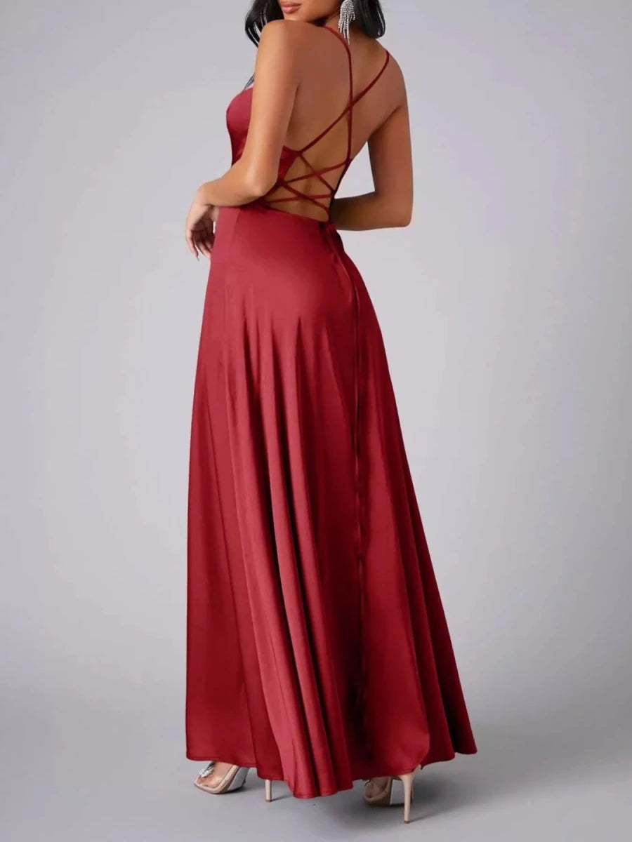 Lace Up Back Split Maxi Dress - 