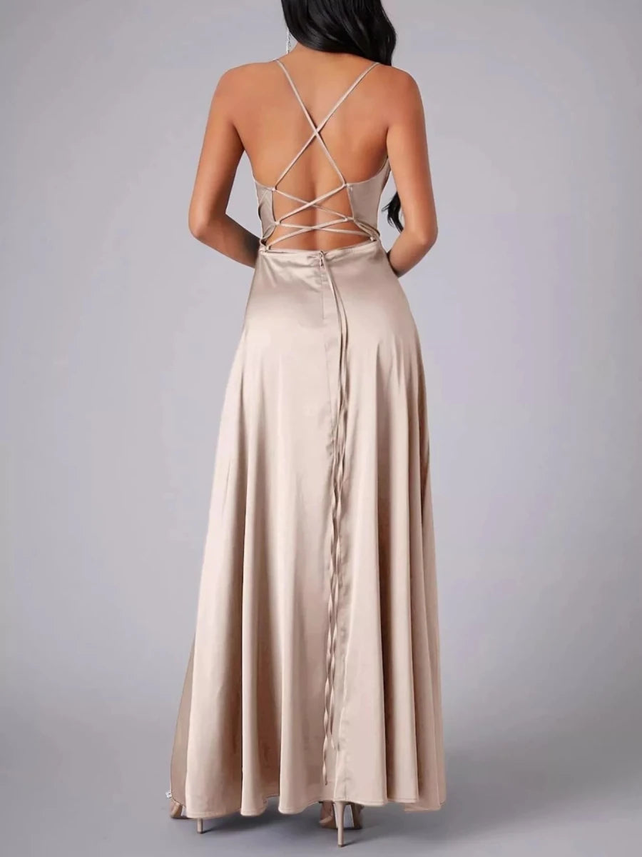 Lace Up Back Split Maxi Dress - 