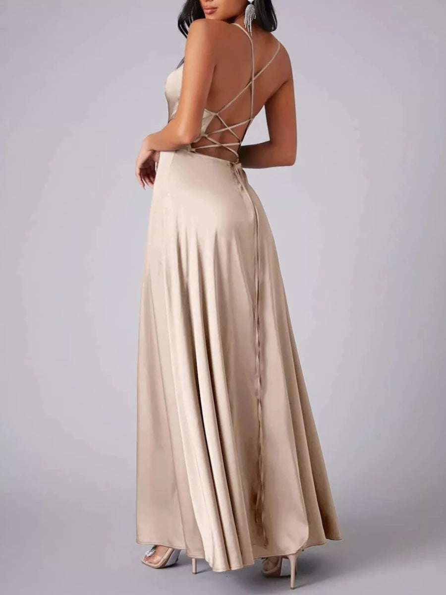Lace Up Back Split Maxi Dress - 