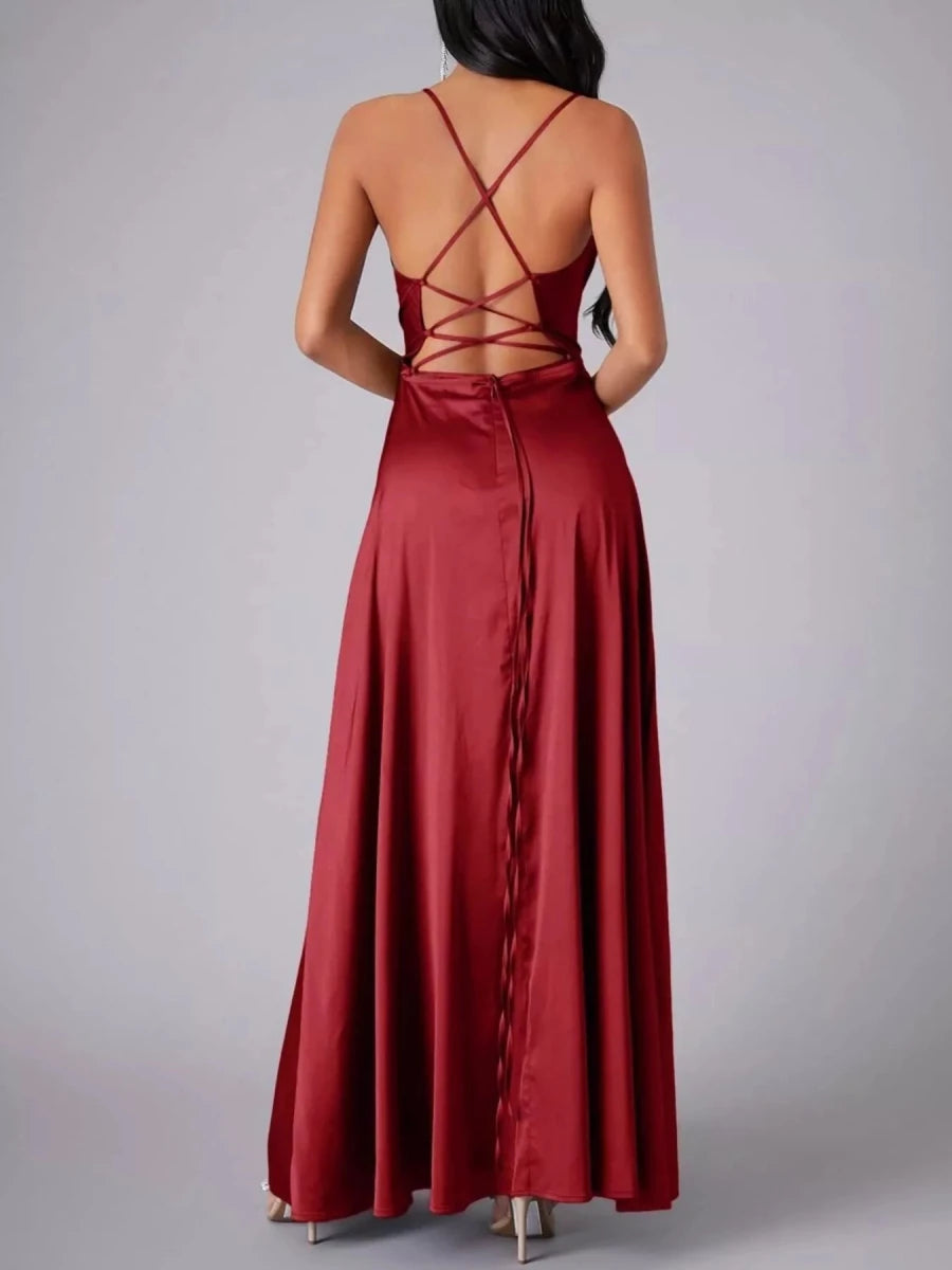 Lace Up Back Split Maxi Dress - 