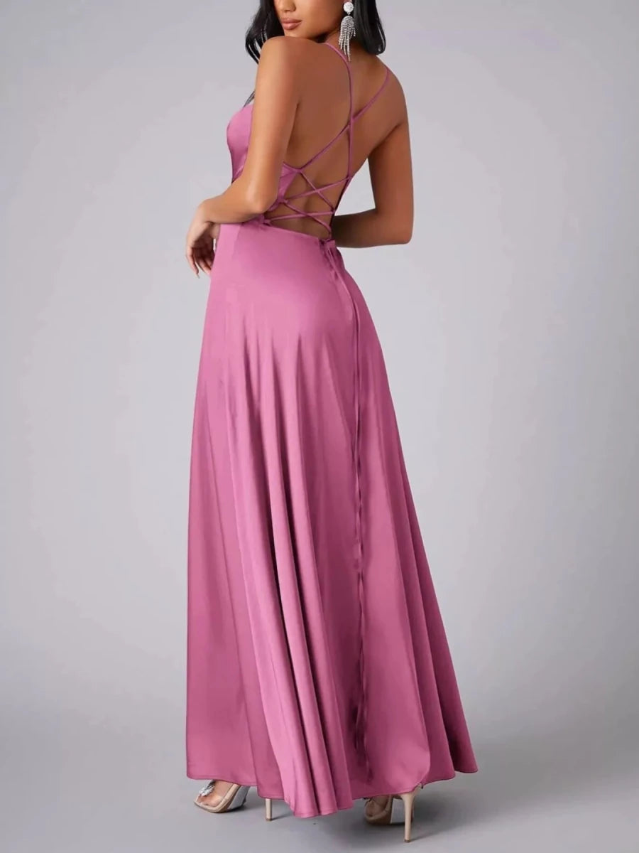Lace Up Back Split Maxi Dress - 