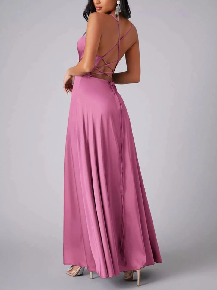 Lace Up Back Split Maxi Dress - 