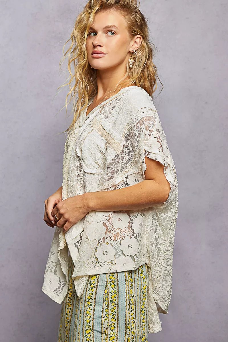 Lace V - Neck Short Sleeve Top - 