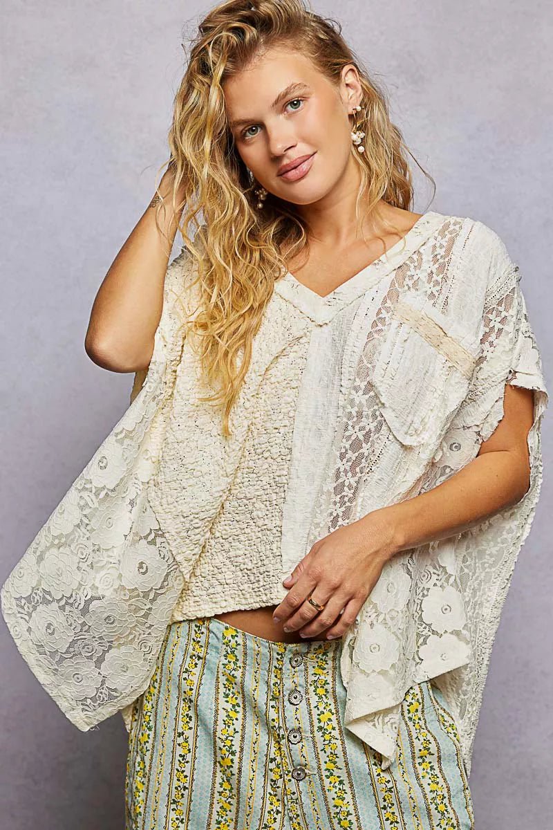 Lace V - Neck Short Sleeve Top - 