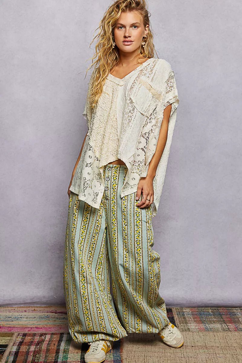 Lace V - Neck Short Sleeve Top - 