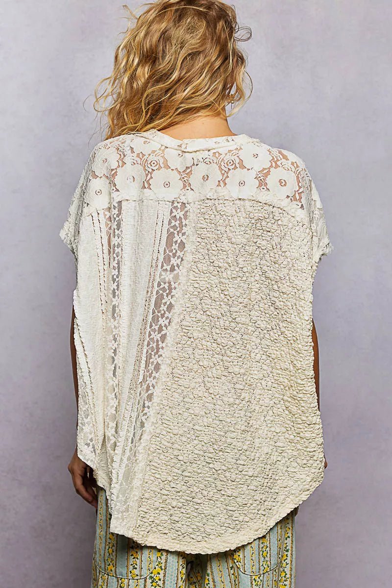 Lace V - Neck Short Sleeve Top - 