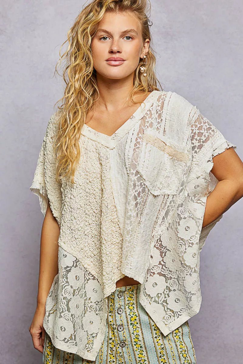 Lace V - Neck Short Sleeve Top - 