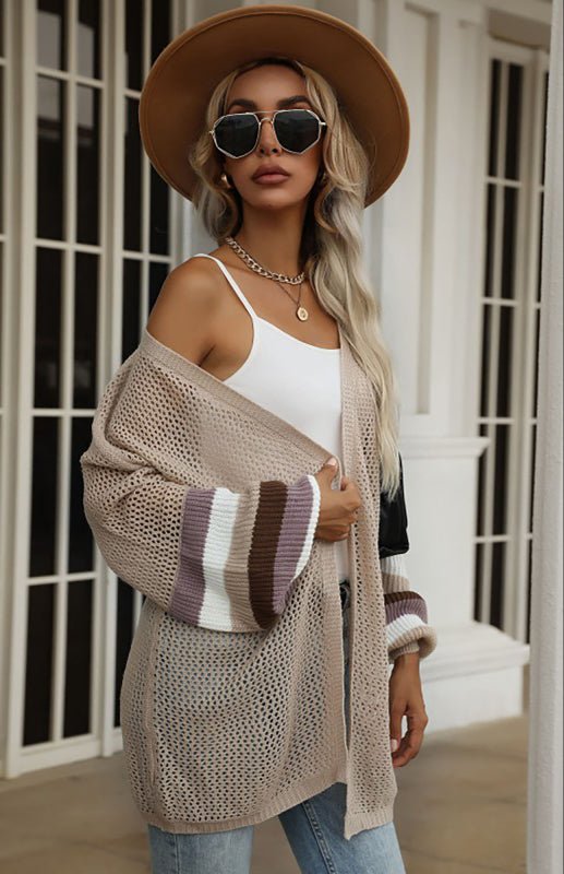 Ladies Colorblock Loose Cutout Sweater Jacket - Outerwear