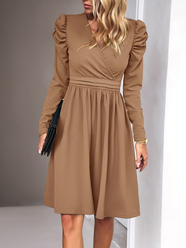 Ladies Fashion Elegant Solid Color V - neck Long Sleeve Dress - Formal Dress