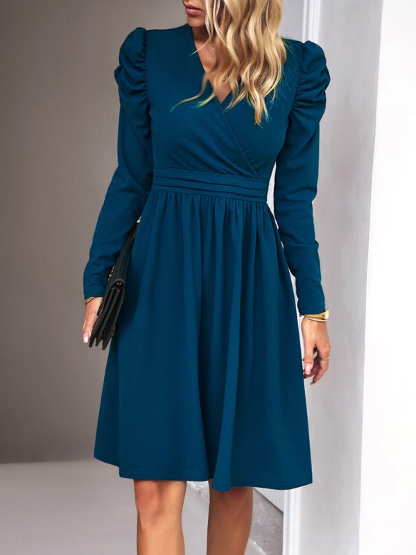 Ladies Fashion Elegant Solid Color V - neck Long Sleeve Dress - Formal Dress