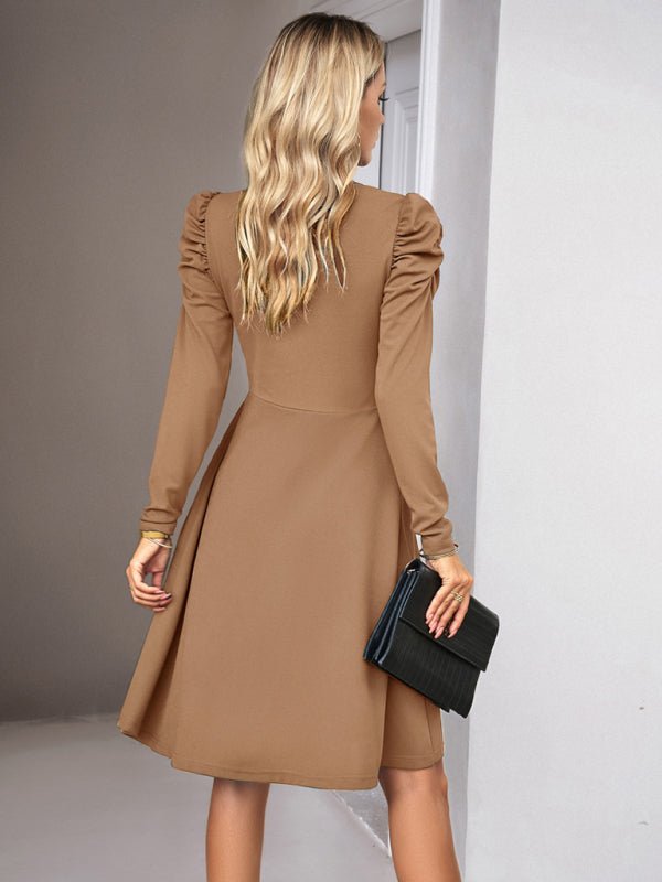 Ladies Fashion Elegant Solid Color V - neck Long Sleeve Dress - Formal Dress