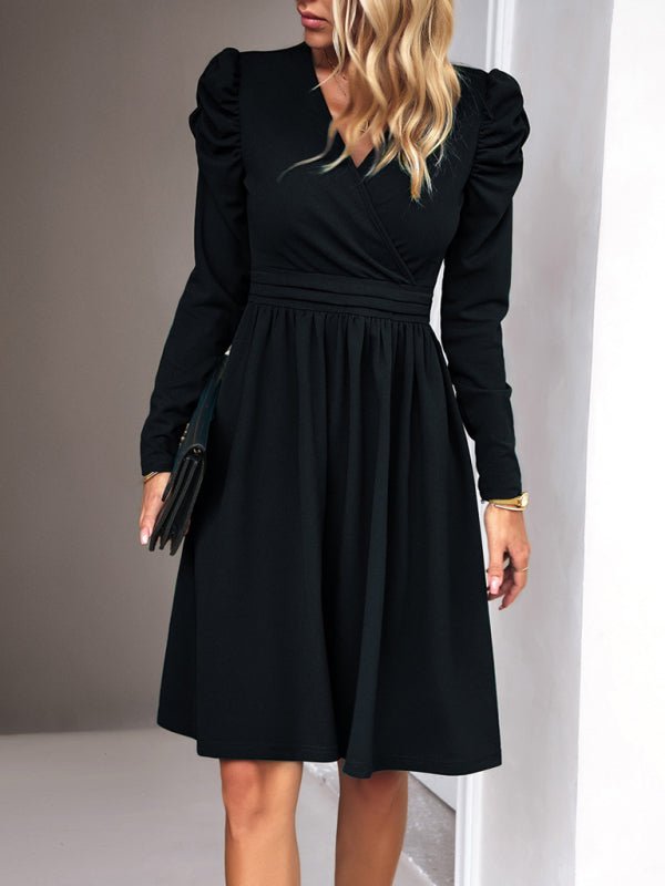 Ladies Fashion Elegant Solid Color V - neck Long Sleeve Dress - Formal Dress