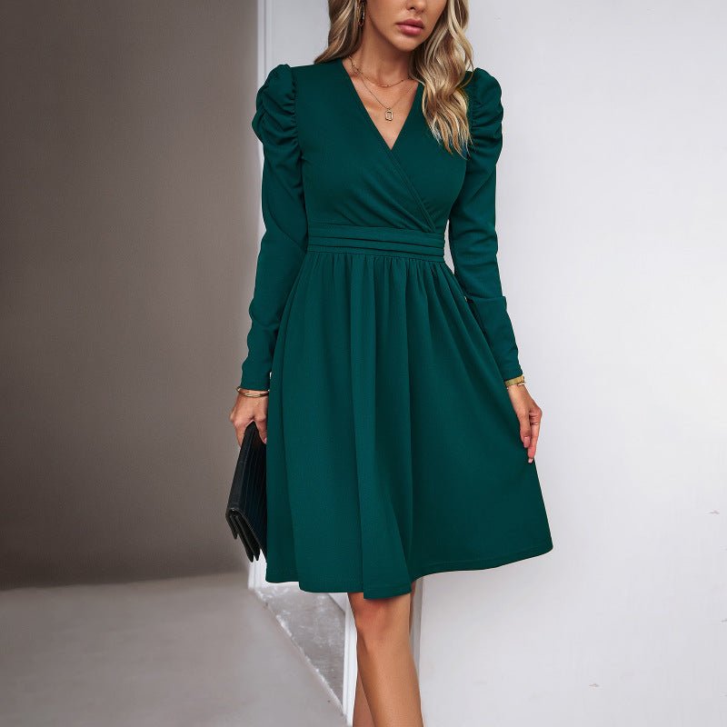 Ladies Fashion Elegant Solid Color V - neck Long Sleeve Dress - Formal Dress