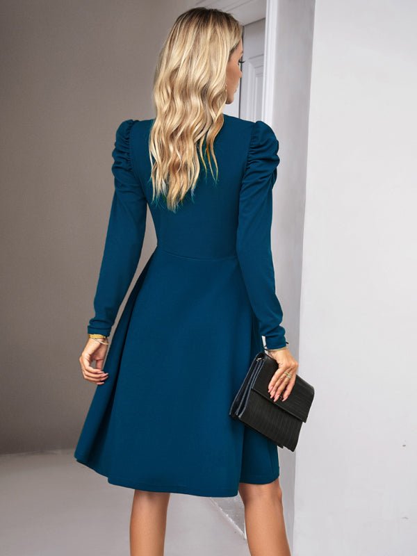 Ladies Fashion Elegant Solid Color V - neck Long Sleeve Dress - Formal Dress