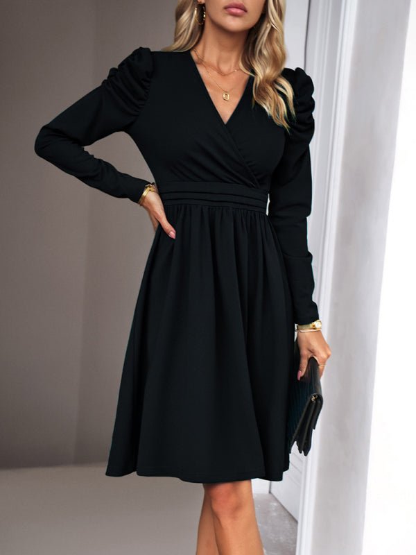 Ladies Fashion Elegant Solid Color V - neck Long Sleeve Dress - Formal Dress