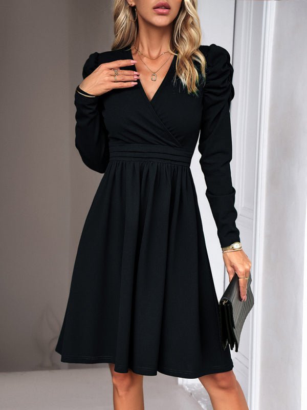 Ladies Fashion Elegant Solid Color V - neck Long Sleeve Dress - Formal Dress