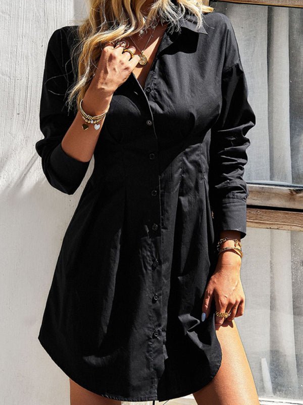 Ladies Fashion Solid Color Shirt Dress - Formal Dress