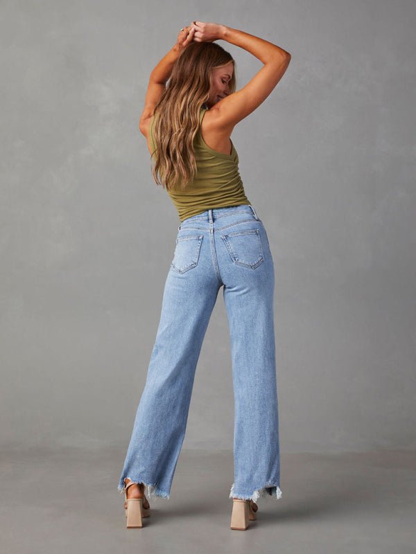 Ladies Loose Casual Fashion Simple Tassel Straight Jeans - Bottoms