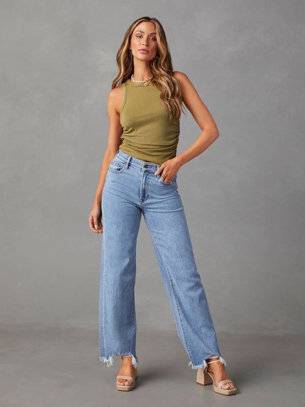 Ladies Loose Casual Fashion Simple Tassel Straight Jeans - Bottoms
