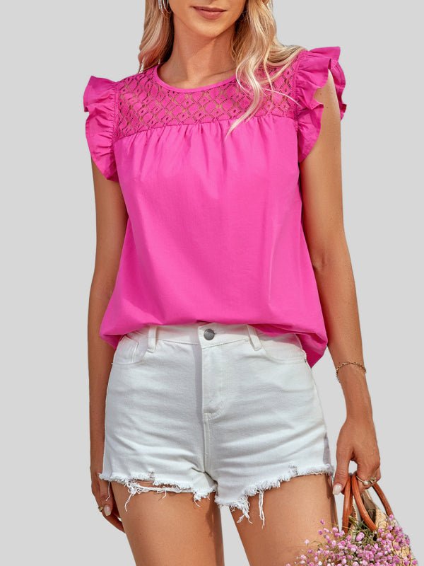 Ladies Woven Round Neck Lace Ruffle Sleeve Top - Top