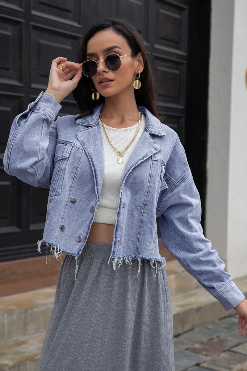 Lapel Collar Long Sleeve Denim Jacket - Outerwear