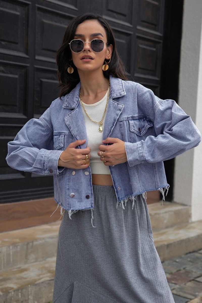 Lapel Collar Long Sleeve Denim Jacket - Outerwear