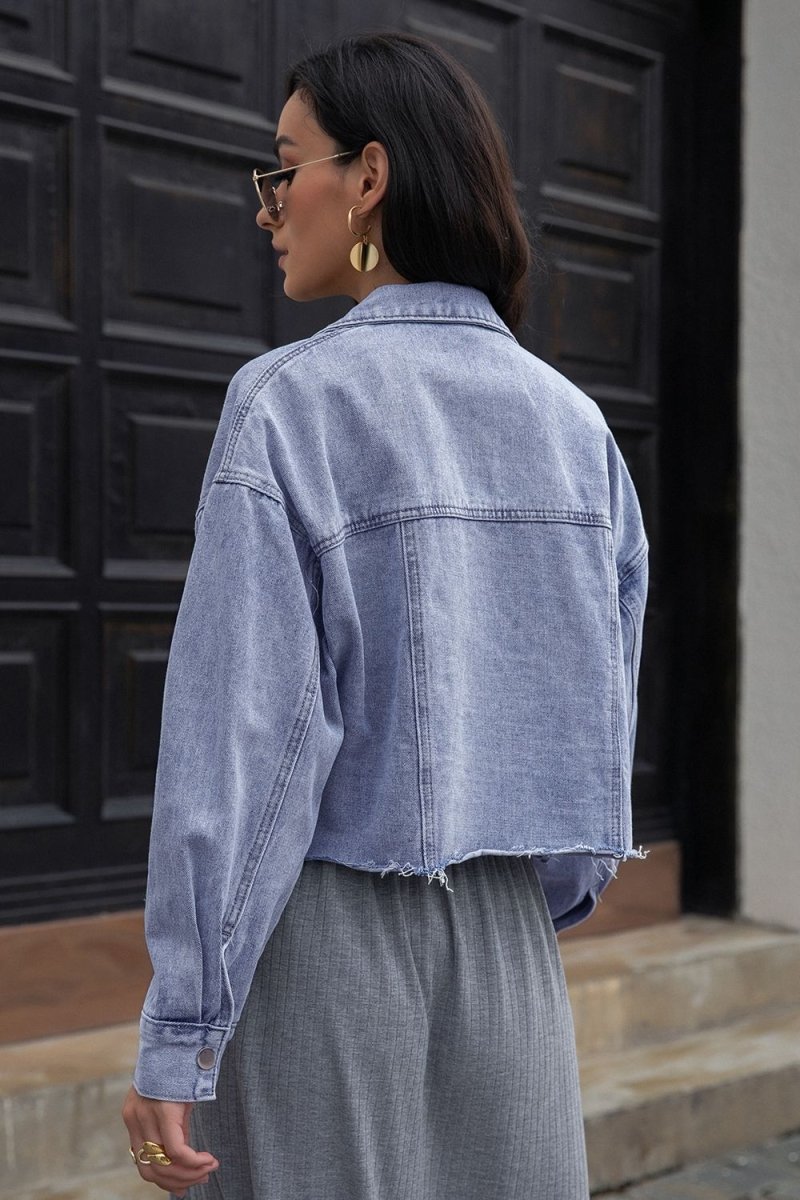 Lapel Collar Long Sleeve Denim Jacket - Outerwear