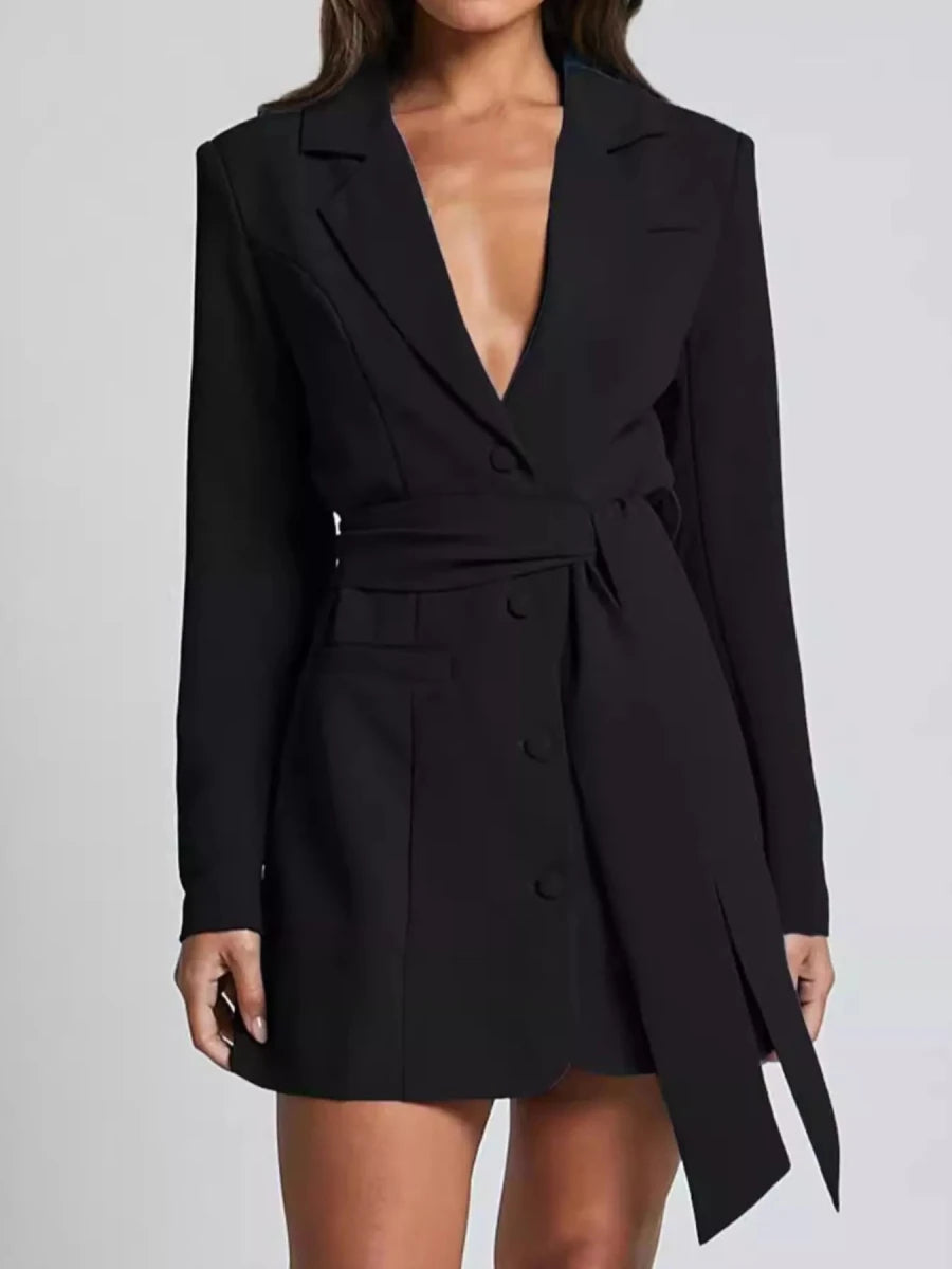 Lapel Collar Tie Waist Blazer - 