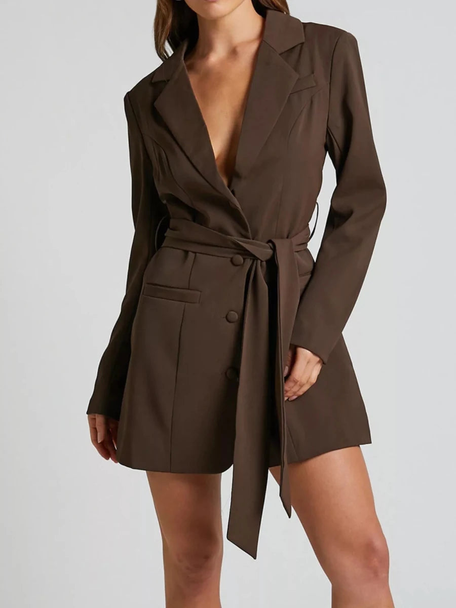 Lapel Collar Tie Waist Blazer - 