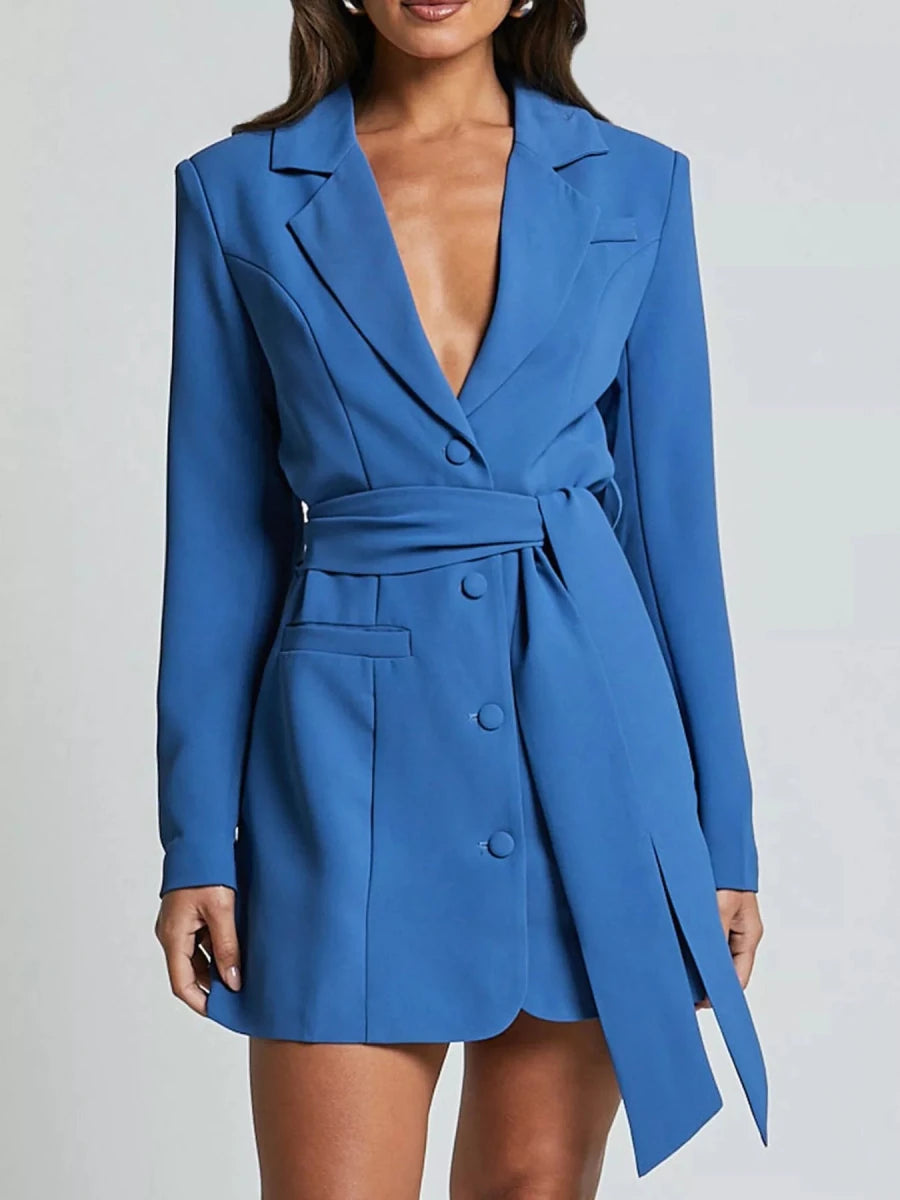 Lapel Collar Tie Waist Blazer - 