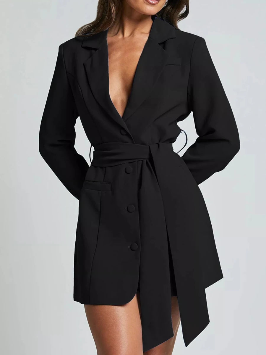 Lapel Collar Tie Waist Blazer - 