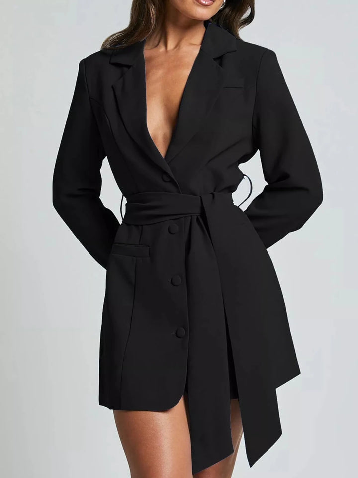 Lapel Collar Tie Waist Blazer - 