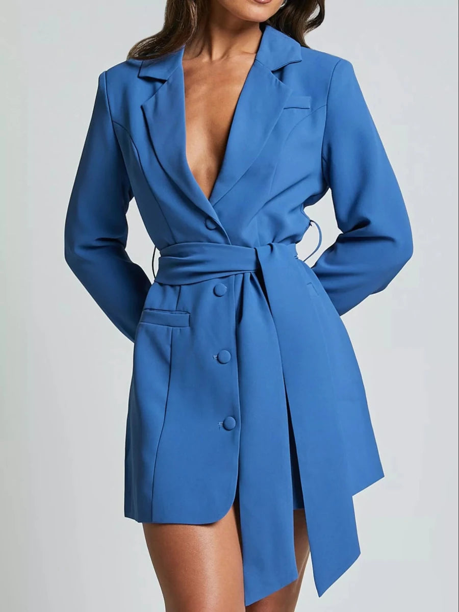 Lapel Collar Tie Waist Blazer - 