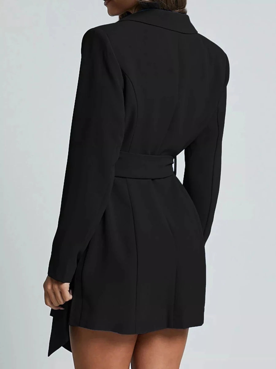 Lapel Collar Tie Waist Blazer - 