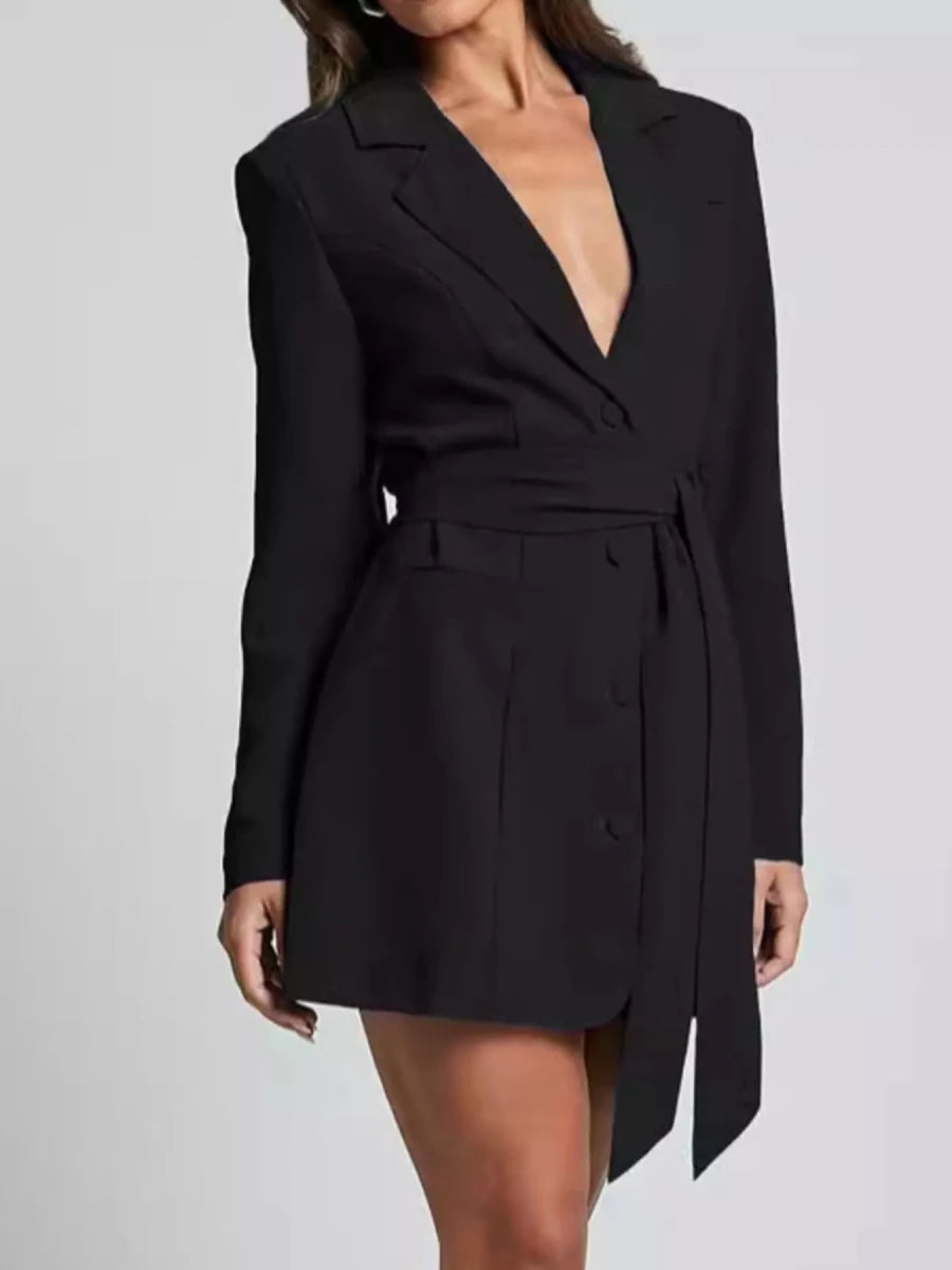 Lapel Collar Tie Waist Blazer - 