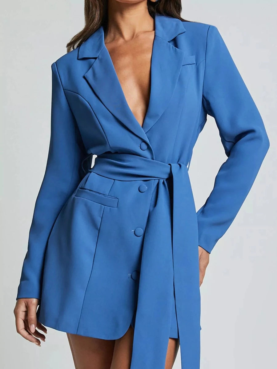 Lapel Collar Tie Waist Blazer - 
